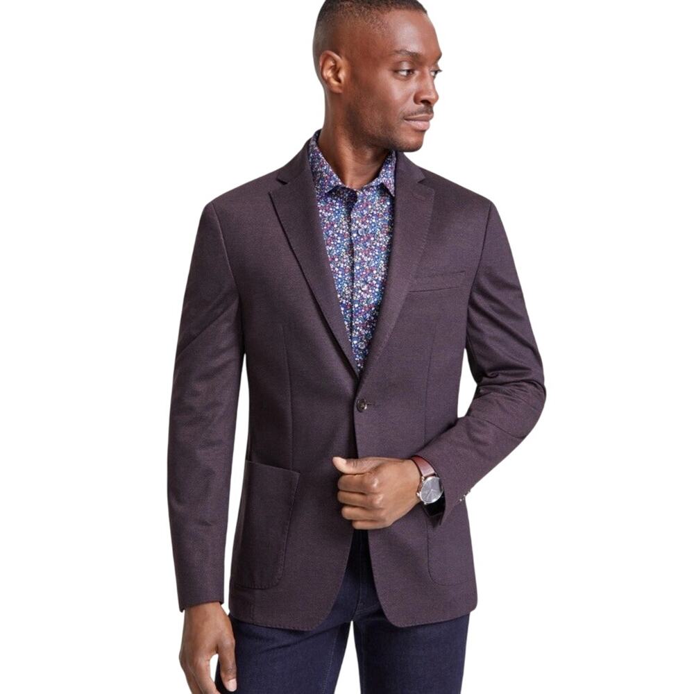 Bar III Men's Burgundy Herringbone Knit Slim-Fit Sport Coat Suit Jacket Size 36S